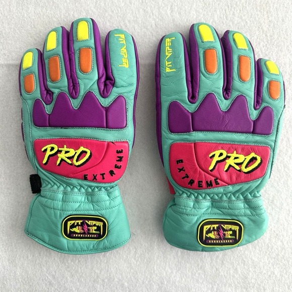 Pit Viper Gloves Medium Neon Leather Extreme Pro Dayman Winter Ski Retro Rare - Picture 1 of 7